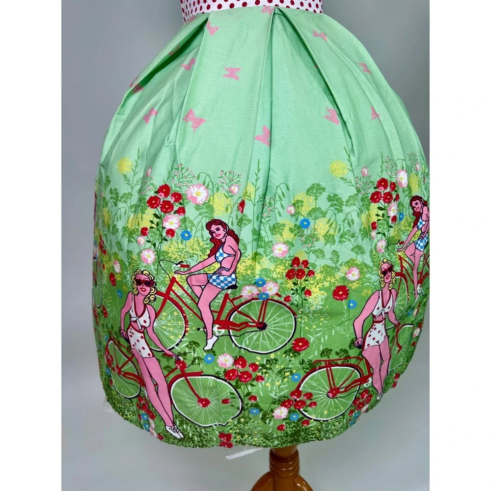 Retro 1950s Style Polka Dot Bicycle Print Swing Dress Green Red Small‎